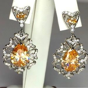 Gorgeous 925 / Sterling Silver Earrings With Golden Peach Topaz / White Zircon